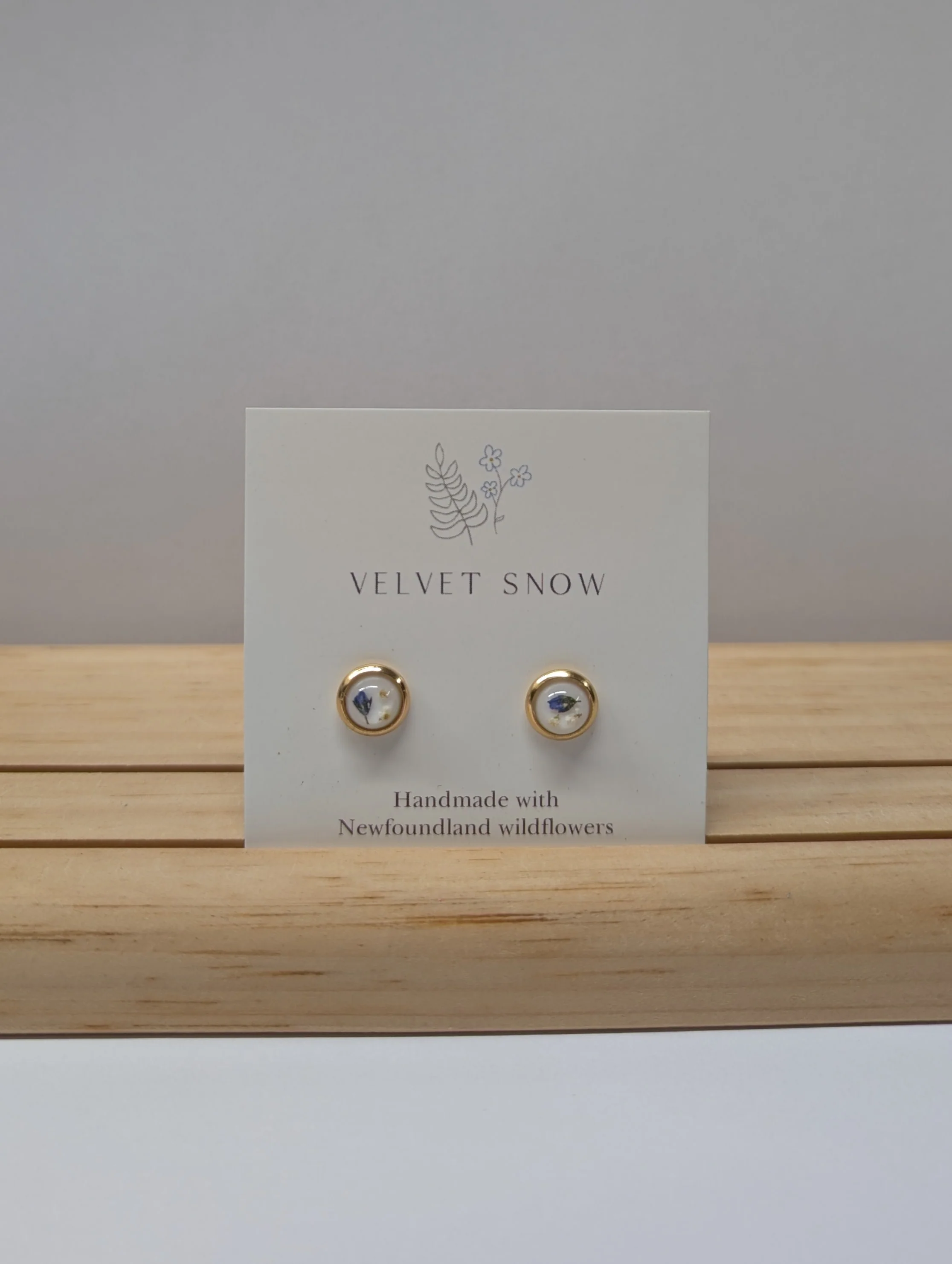 Stud Earrings | Speedwell + Queen Anne’s Lace | Small, Round | Gold Toned Stainless Steel